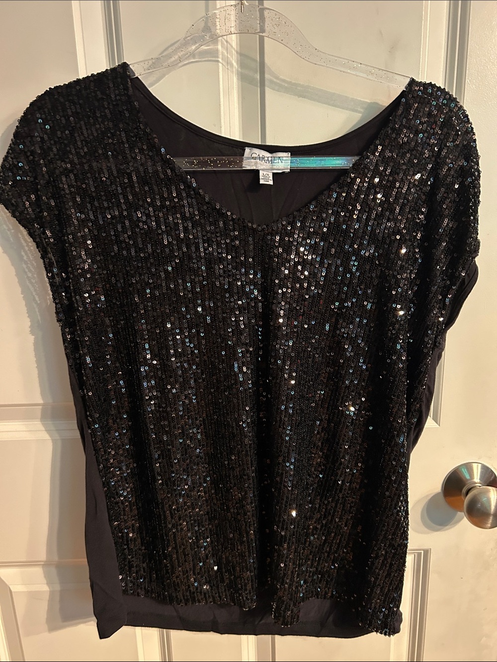 Carmen Marc Valvo Black Sequin V-Neck Top